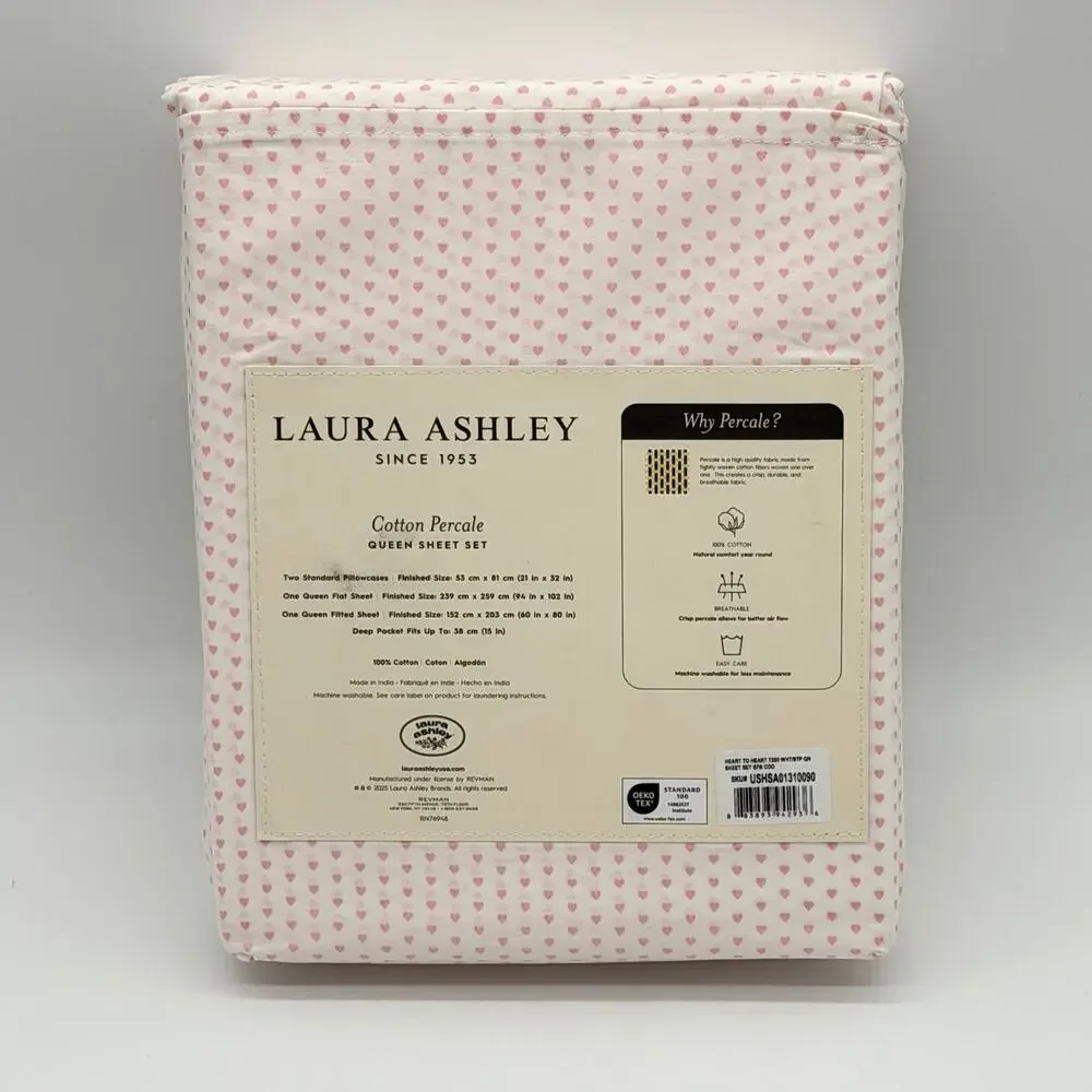 Laura Ashley QUEEN Heart To Heart Pink 4pc Cotton Sheet Set NEW